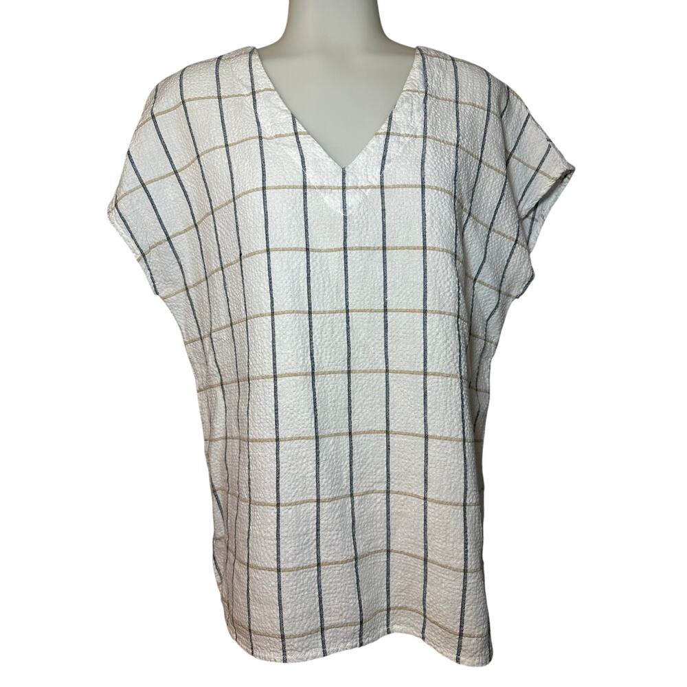 Tahari Womens Size S White Gray Tan Striped V Neck Linen Cotton Sleeveless Shirt